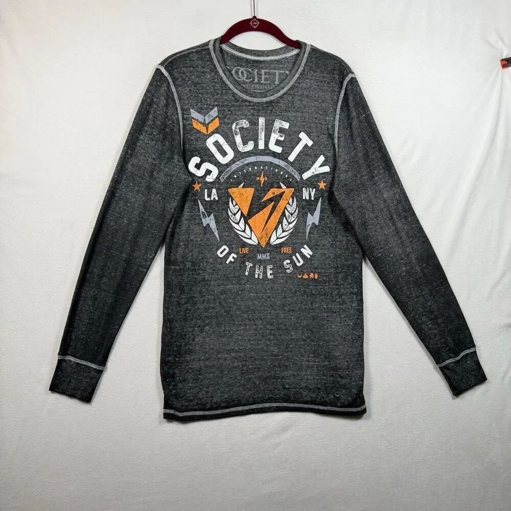 Society Made For Buckle Gray Waffle Knit Graphic Shirt Long Sleeve Top Medium